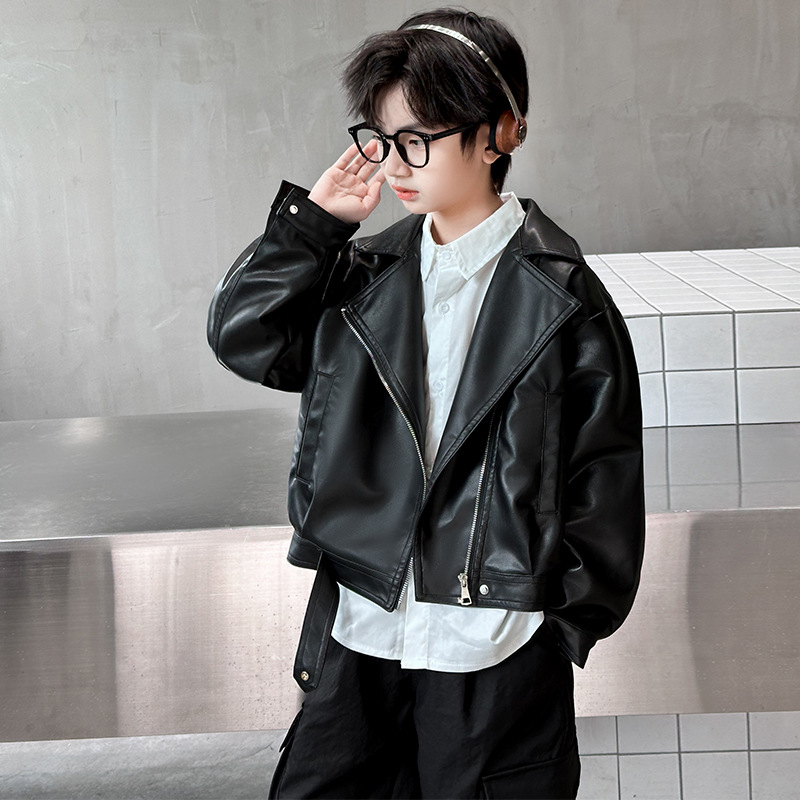 Boys' Leather Jacket New Foreign Trade Spring and Autumn Middle and Large Children's Biker Clothing Children's PU Leather Jacket Children's Leather Jacket
