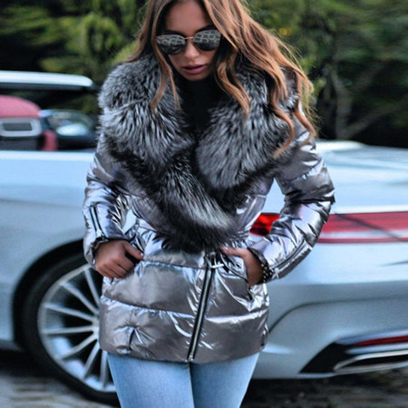 Fashion European and American new AliExpress Amazon wish glossy large fur collar short long sleeve cotton-padded down jacket women