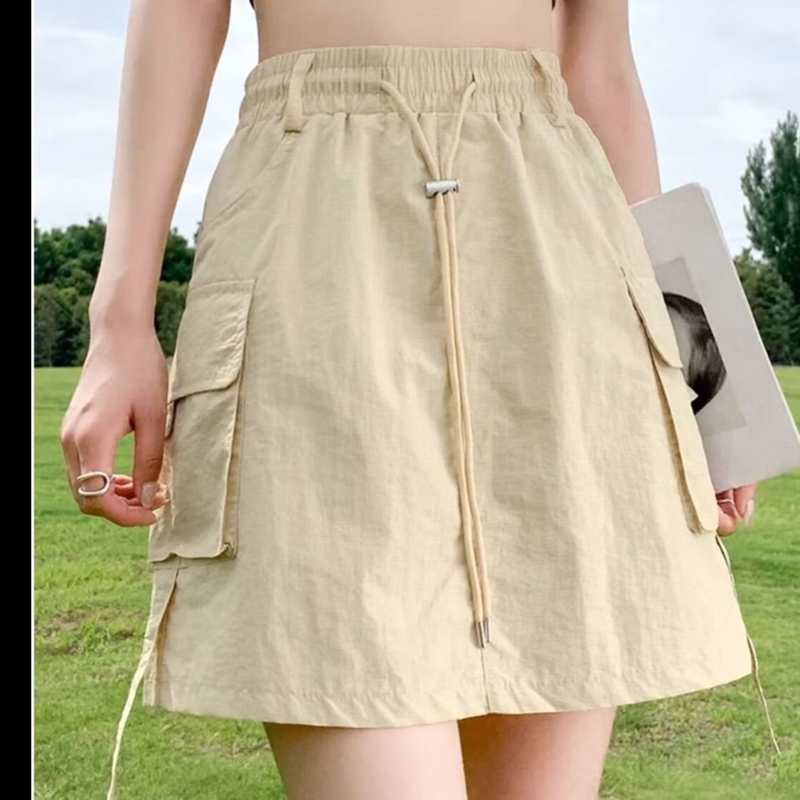 American-style Quick-drying Workwear Skirt Women's Summer Hot Girl Drawstring Stabbed Waist A- line Short Skirt Anti-walking Hip-wrap Pants Skirt