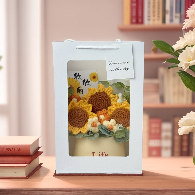 Picture of Creative bouquet knitted flowers diy material hand-woven potted finished desktop ornaments send goddess send mother