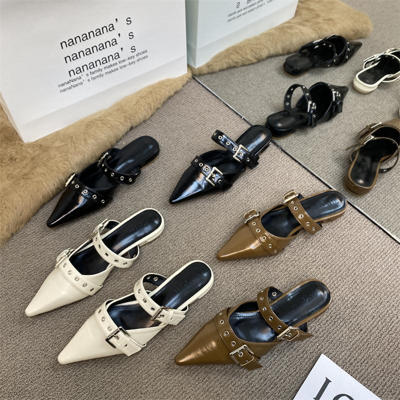 French Belt Buckle Toe-Cap Slippers for Women 2025 Spring New Thick Heel Non-Slip Fashionable Outer Wear Pointed Toe Half Slippers