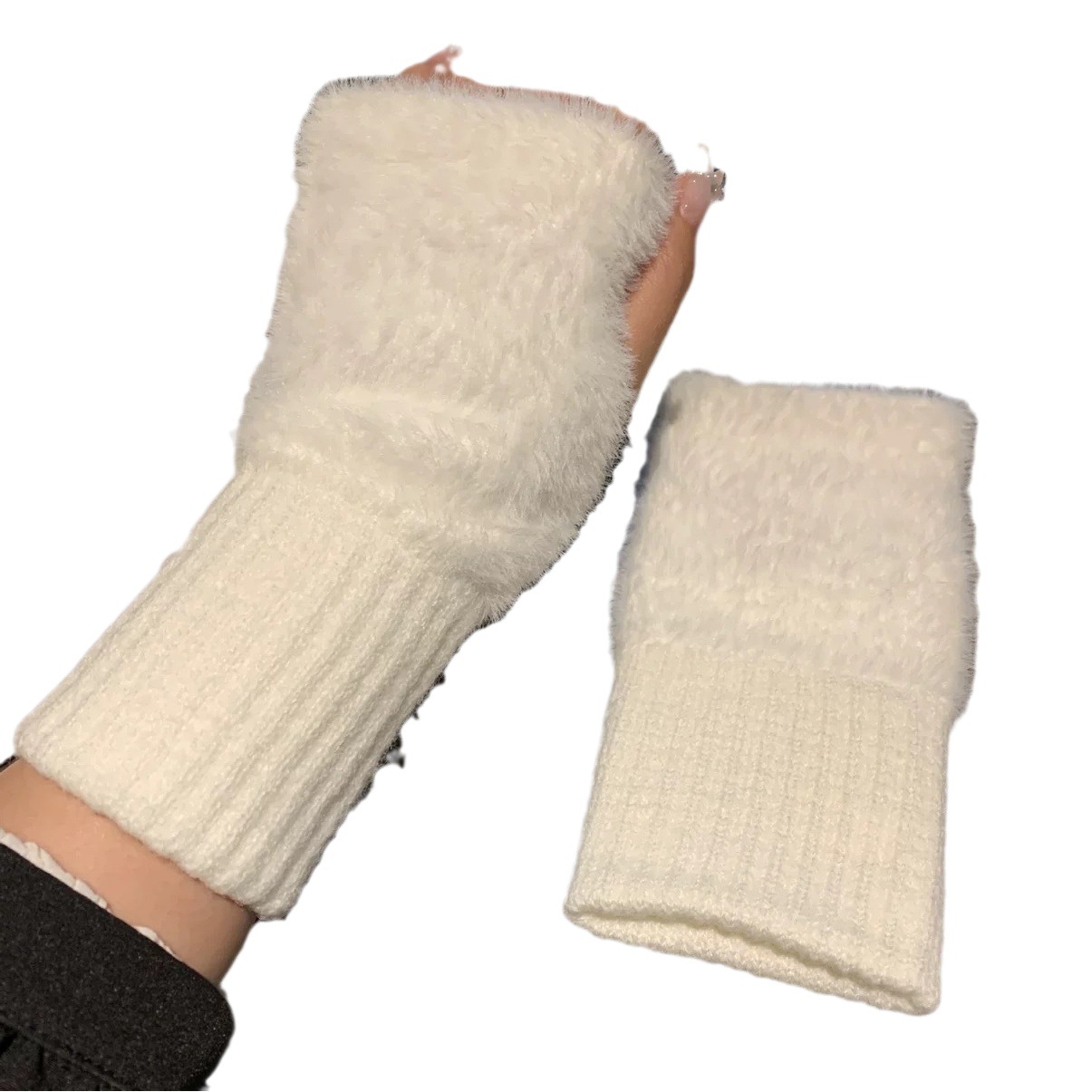 Half finger gloves female winter plush warm student writing fingerless typing knitted half finger open wrist gloves