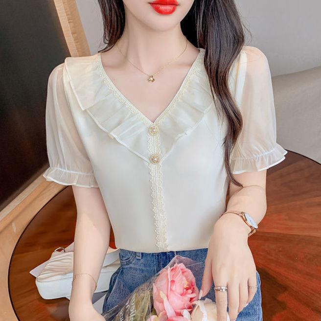 Summer V-neck chiffon shirt short-sleeved women's summer New puff sleeve shirt design sense niche ruffled top