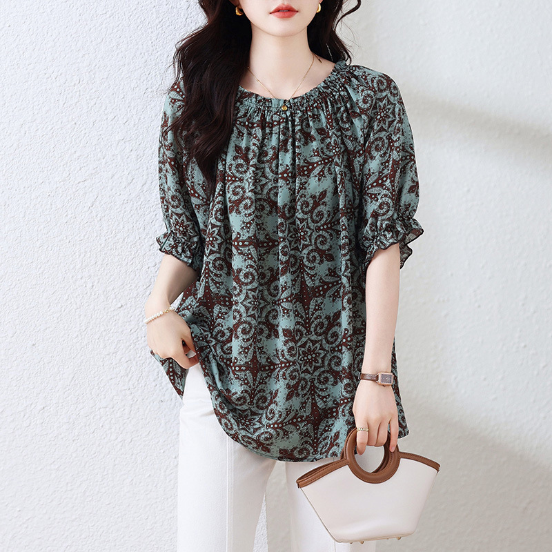 Picture of Real shot in stock plus size 2025 summer new style off shoulder casual loose print short sleeve western style top