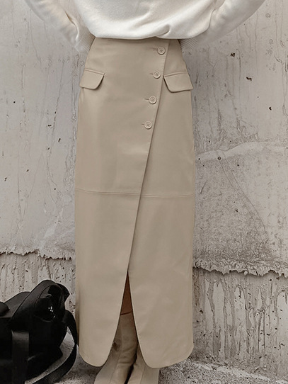 French fleece-lined artificial leather A high waist split skirt 2024 European and American autumn and winter fashion new leather skirt women