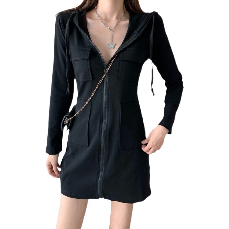 European new 2023 autumn and winter sports style sweet salt dress hooded zipper short skirt women's sweater coat