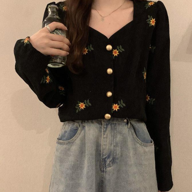 Chubby Sister Autumn and Winter plus size Retro Short Corduroy Puff Sleeve Base Shirt Stylized Long Sleeve Embroidered Cardigan Top
