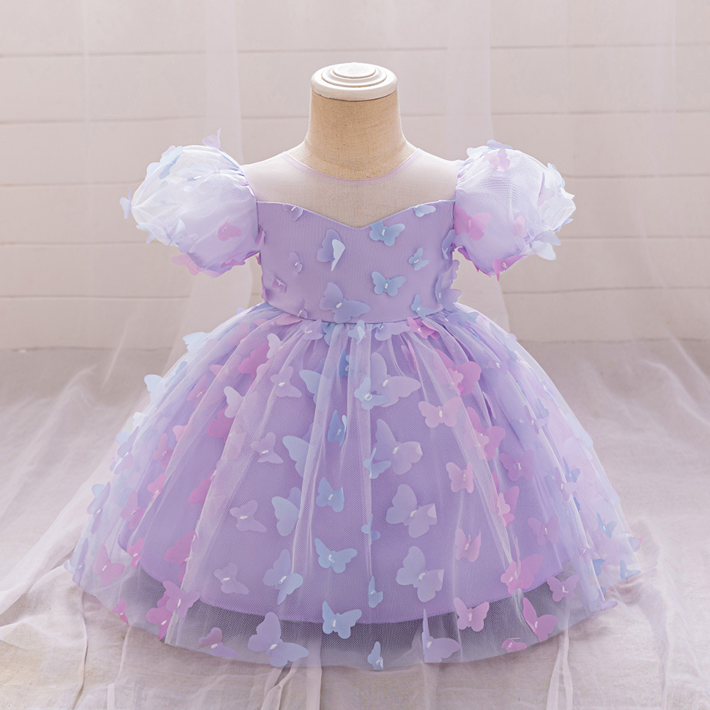 Amazon New Baby Children's Dress Girl's Three-Dimensional Color Butterfly Wash Dress Mesh Puff Sleeve Princess Dress