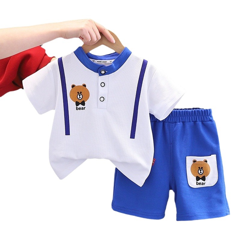 Boys' summer short sleeve suit new children's summer fashion handsome internet celebrity fried street collar bear head short sleeve suit