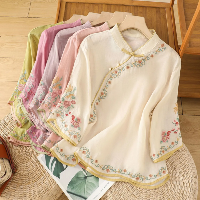 2024 Spring and Autumn Artistic Retro Embroidered Cotton and Linen Top Women's Buckle Slant Placket Seven-point Sleeve New Chinese Style Slim Shirt