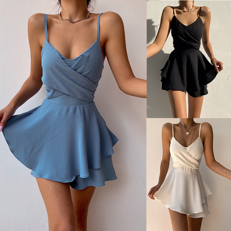2022 Amazon European and American Cross-Border Summer New Women's Fashion Pure Color Suspender Zipper Jumpsuit in Stock