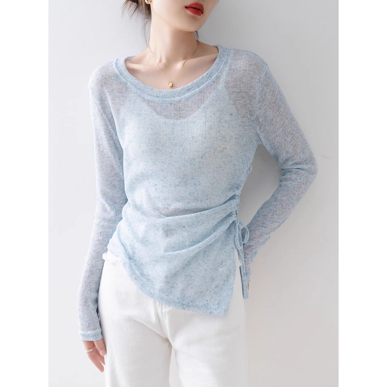 Sunscreen Blouse Top Women's New Korean Style Chic Solid Color Irregular Round Neck Pleated Long Sleeve Knitted T-shirt for Women