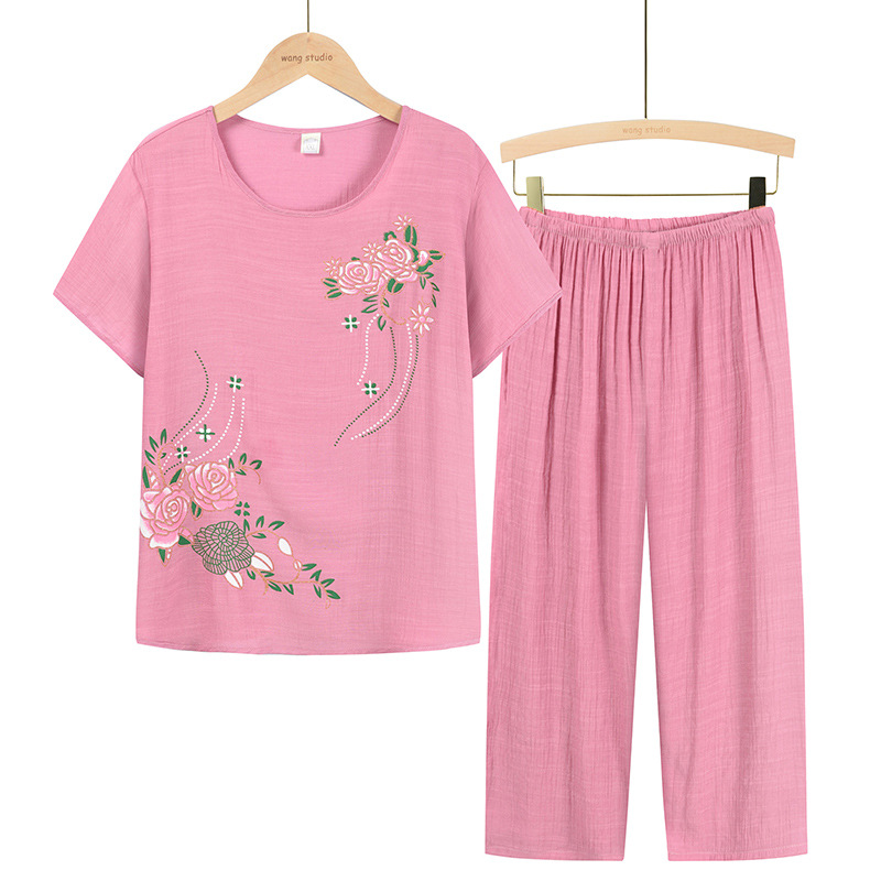 Picture of Middle-aged and elderly women's summer two-piece mother's 70-year-old grandmother's short-sleeved T-shirt jacket set Old Lady's pajamas