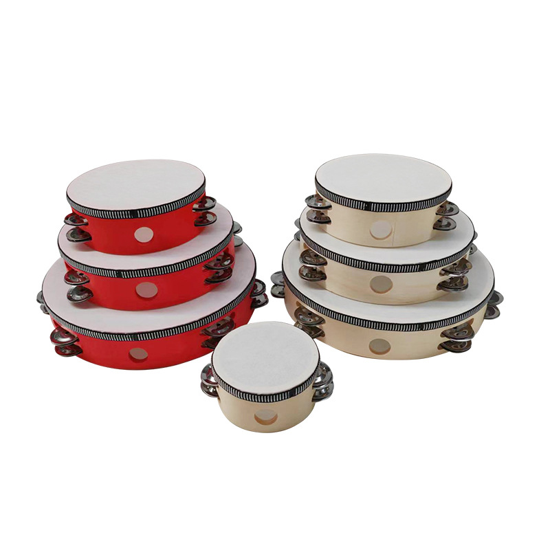 Picture of Wooden Double Row Tambourine Kidsren's Tambourine Percussion Instrument Imitation Goatskin Hand Drum Rattle Orff Musical Instrument Teaching Aids