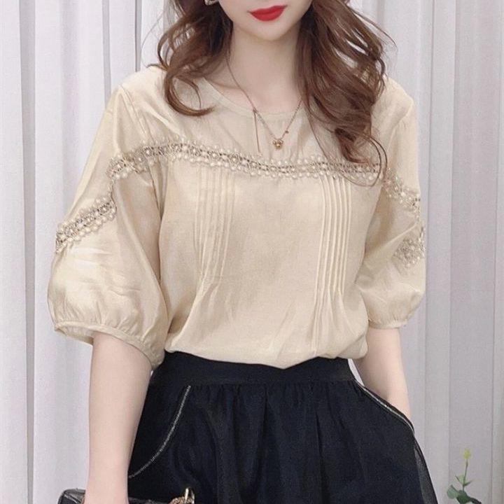 Hong Kong Style Vintage Lace Stitching Half Sleeve Chiffon Shirt Women's 2024 Summer New French Loose Slim Look Trendy Top