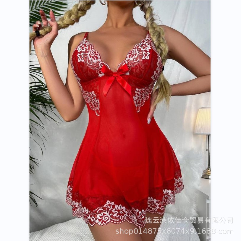 Foreign trade sexy sexy lingerie pajamas lace mesh nightdress Valentine's Day red festive suspender dress wholesale