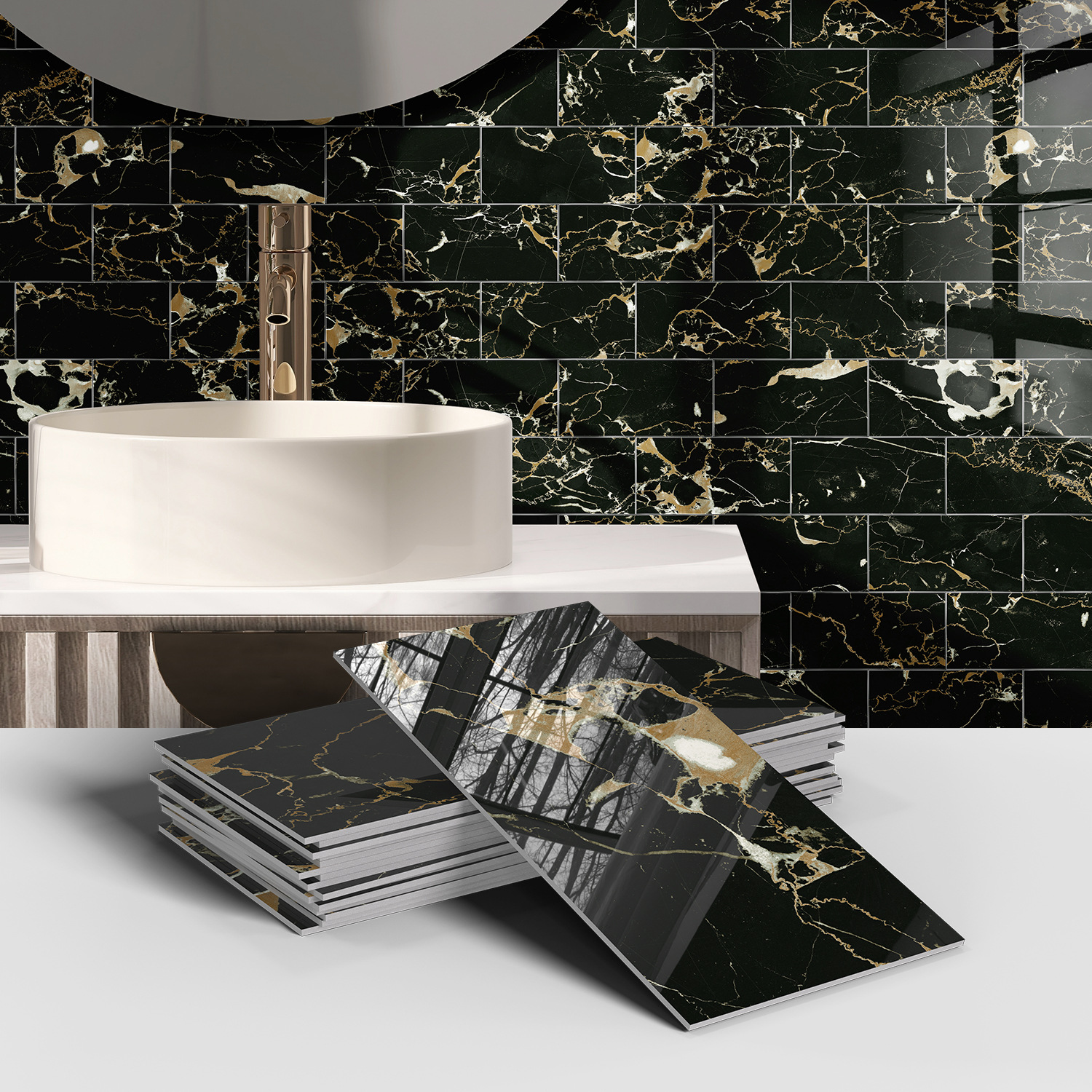 Picture of Crystal Marble Tile Wall Stickers Thickened PET Waterproof Self-adhesive Wallpaper for Kitchen Living Room Wall Decoration Cross Border