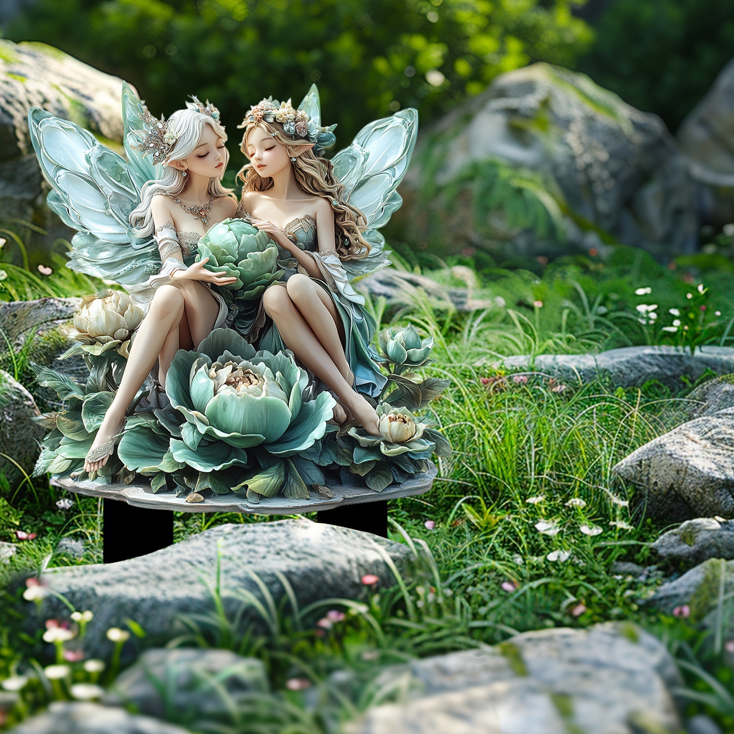 Cross-Border Twin Elves on Green Lotus Indoor and Outdoor Acrylic Decoration Waterproof and Wear-Resistant Floor Ornaments