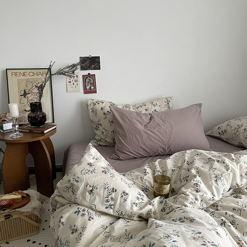 Picture of Small fresh pastoral style cotton bed four-piece set cotton bed sheet quilt cover quilt cover bed hat dormitory three-piece set