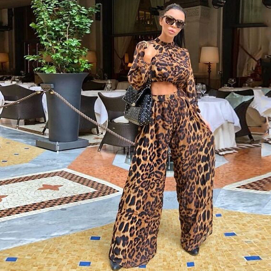 2022 Europe and the United States cross-border new women's leopard print sexy Dew navel long sleeve round neck shirt wide leg pants two-piece set