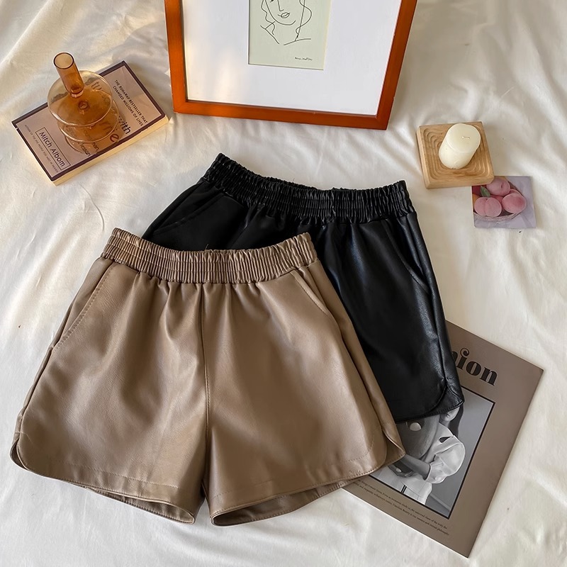 PU leather shorts women's summer Korean style 2023 new versatile high waist slimming elastic waist outer wear wide leg casual pants