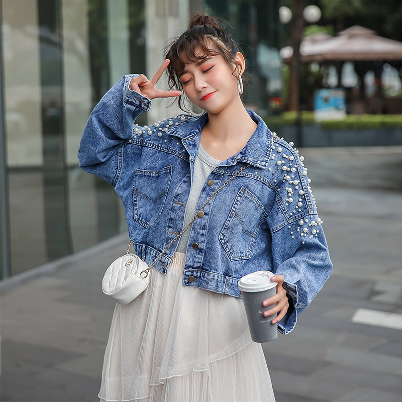 European station 2022 autumn and winter New Korean style beaded loose short Denim coat women's ins jacket top fashion