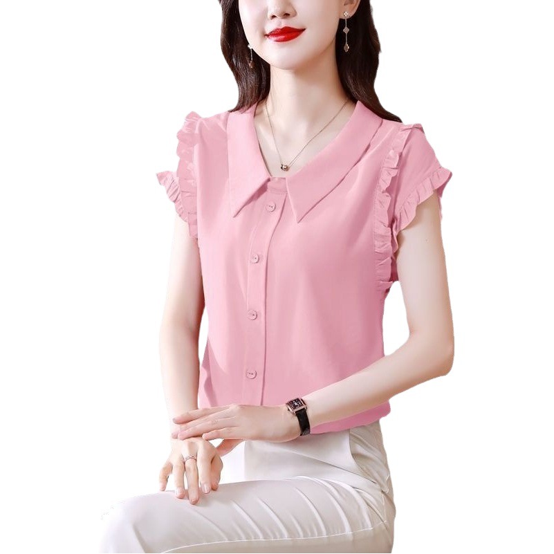 Picture of Age-Reducing Belly-Covering Slimming Doll Collar Chiffon Shirt Women's Short-Sleeved Summer Stylike Top Solid Color Ruffled Shirt