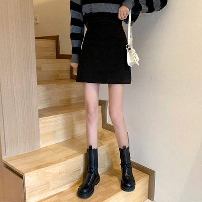 Winter 2023 Black Skirt Women's Mid-length High Waist Slimming Woolen A- line Skirt Rear Split Hip Short Skirt