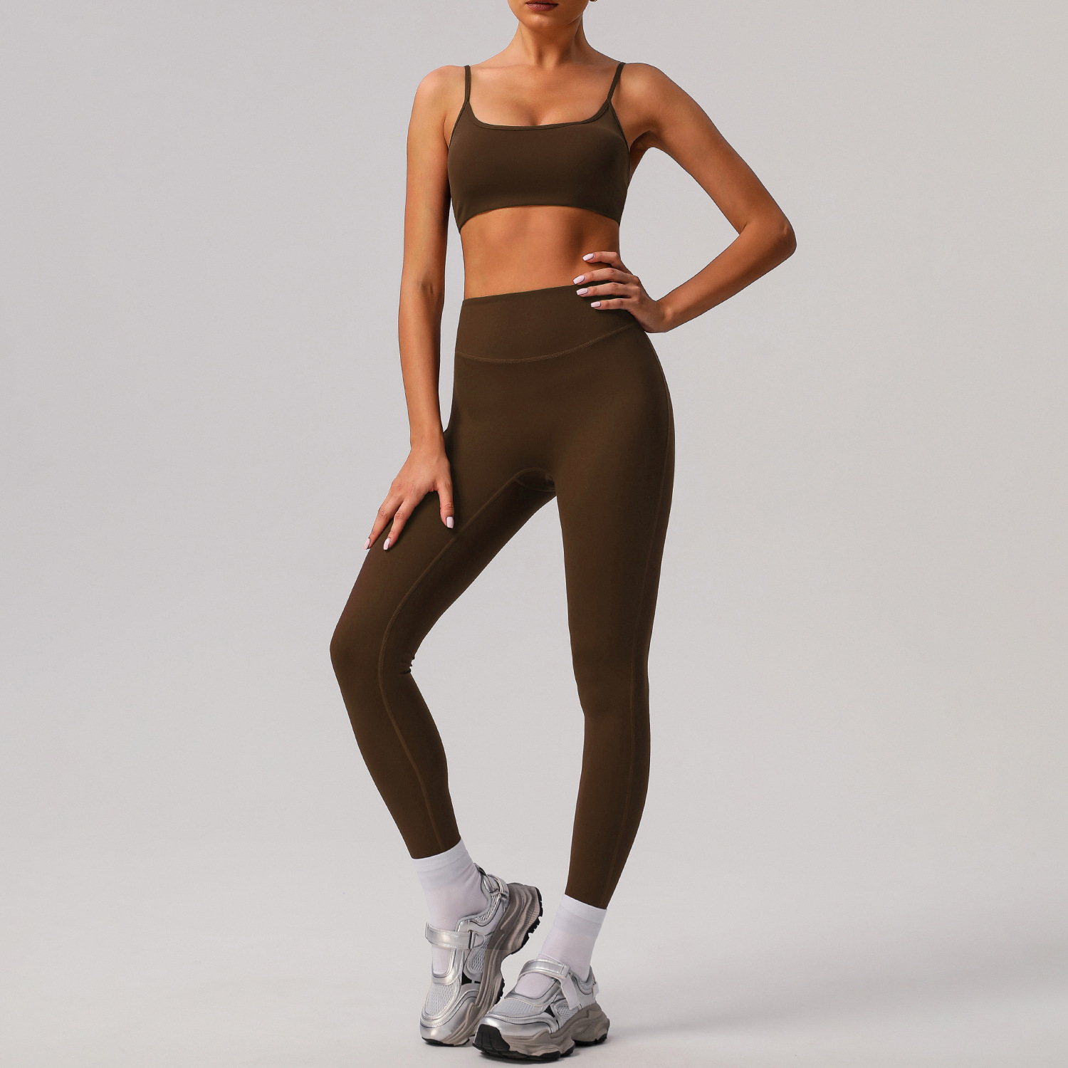 Picture of European and American Solid Color Tight Naked Yoga suit High Elastic Breathable Fitness Clothes Outdoor Body Shaping Running Sports suit Women