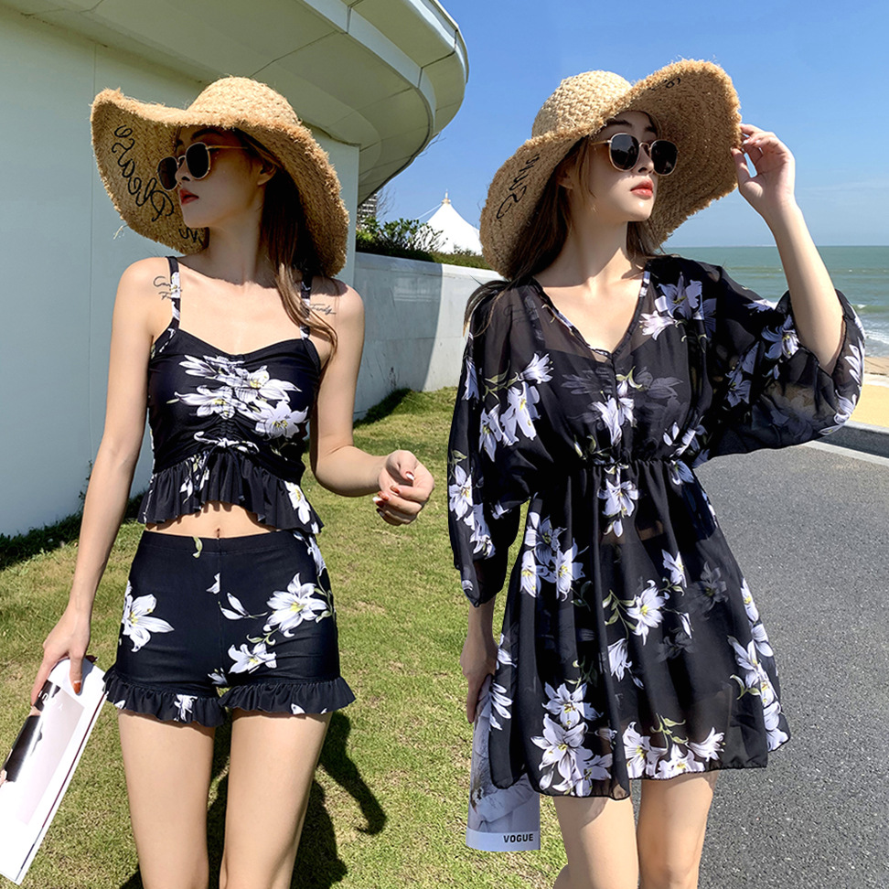 2025 New One-Piece Swimsuit Women's Three-Piece Set Conservative Covering Flesh and Slimming Large Size Plus Size 100kg Sun Protection Hot Spring Wear