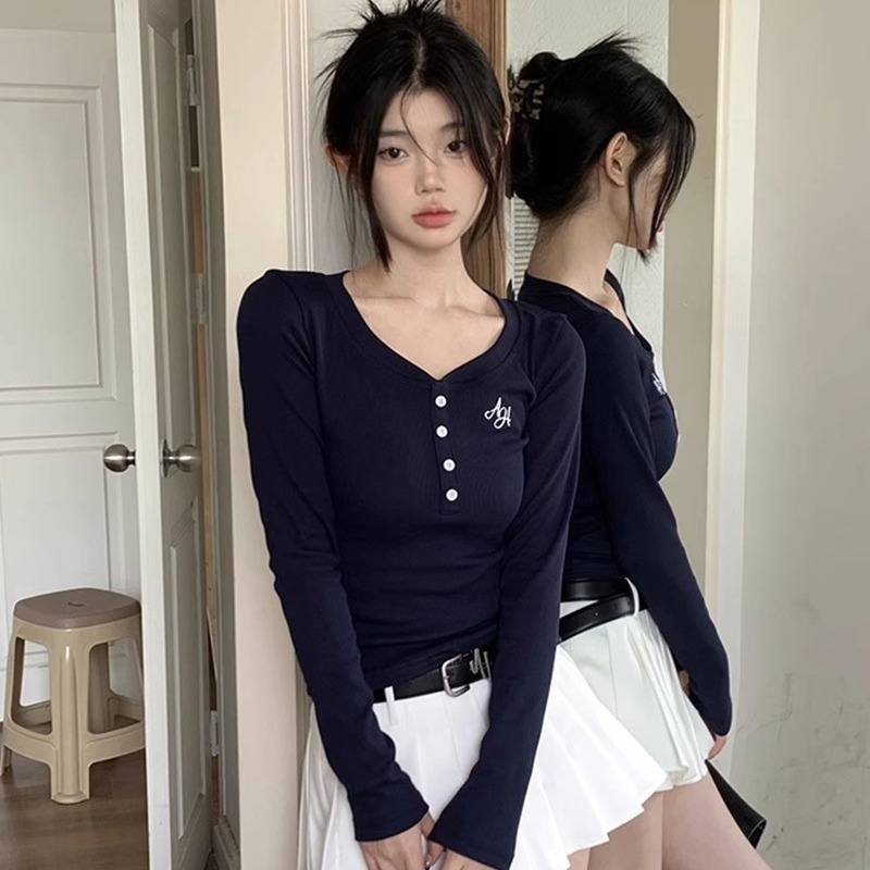 2024 Autumn and Winter New Slim-fit Long-sleeved Top Button Knitted Semi-open Collar Academy Style Base Shirt Top Women's Trendy