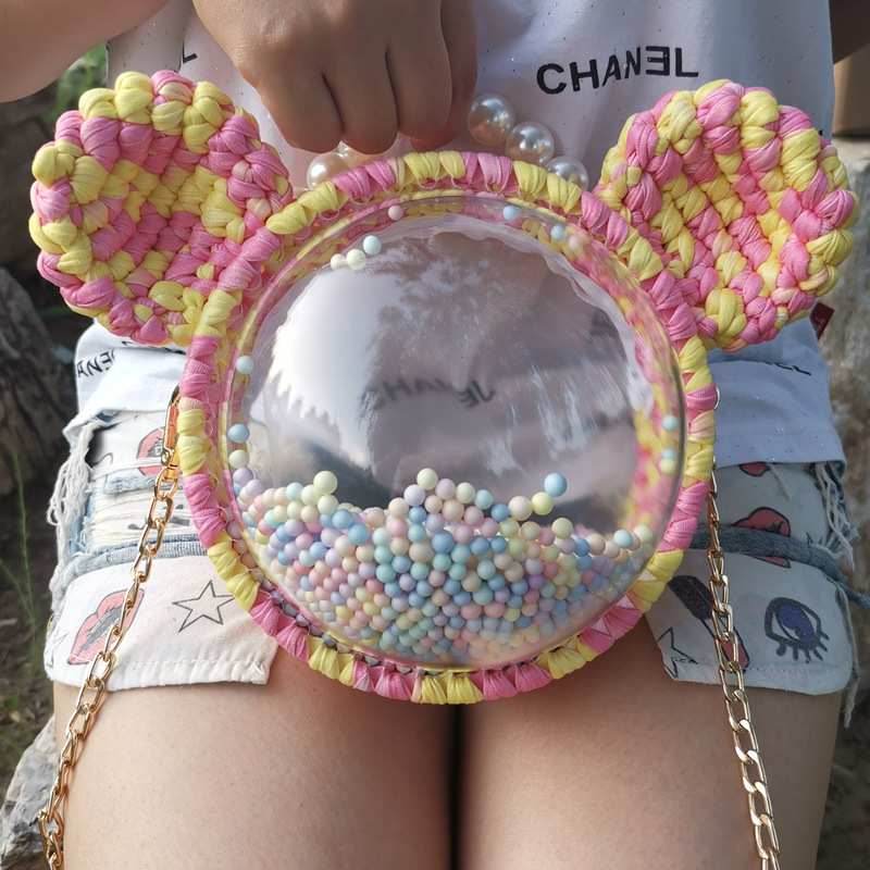 Picture of Handmade woven cloth line bear Mickey bag material bag transparent hemisphere acrylic Pearl handbag satchel