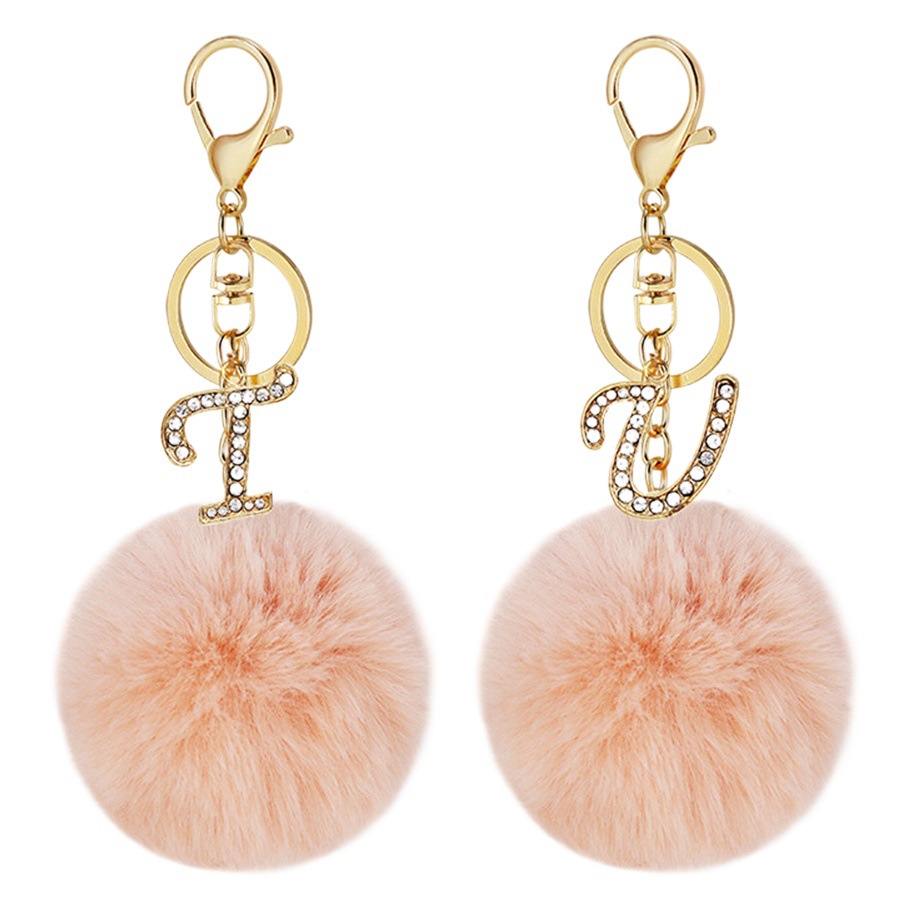 Cross-border 26 diamond-embedded alloy English letter keychain imitation Rex rabbit fur ball bag pendant plush bag accessories