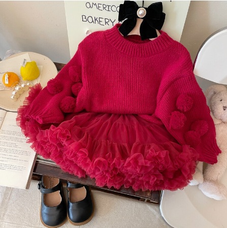 Picture of Girls Pullover Sweater 2025 Autumn and Winter New Korean Style Kidsren's Style Baby Girl Red Lantern Sleeve Fur Ball Sweater