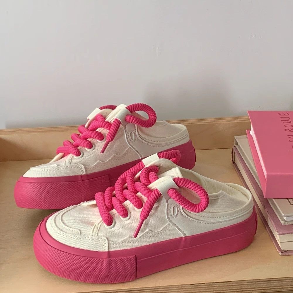 Two Ways to Wear ~ Rose Red Breathable Thin Slip-On Lazy Half-Slip Canvas Shoes for Women Autum Student White Shoes