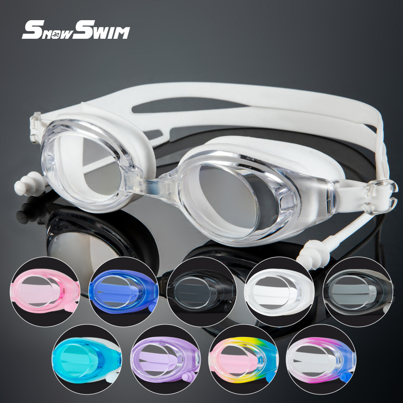 Boxed and Bagged One-Piece Earplug Silicone Swimming Goggles for Adults, Waterproof, Anti-Fog, Flat Lens, Large Frame, 100 Swimming Goggles