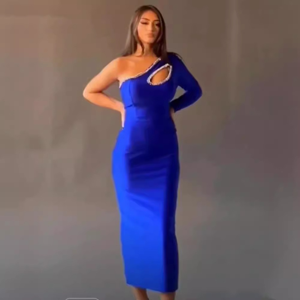 Picture of Blue Fashion Shoulder Long Sleeve Hollow Slim-fit Tight Long Bandage Hip dress Party Party Gown