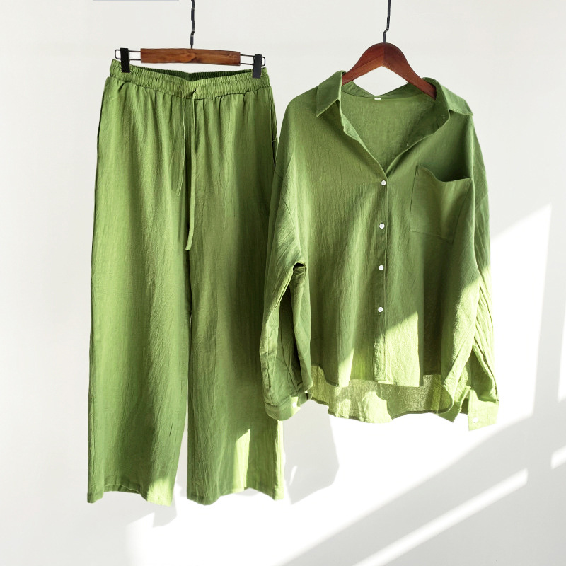 Picture of Cross-border Amazon Women's 2-piece Vintage Plus Size 2022 Cotton and Linen Shirt Set High Waist Loose Trousers