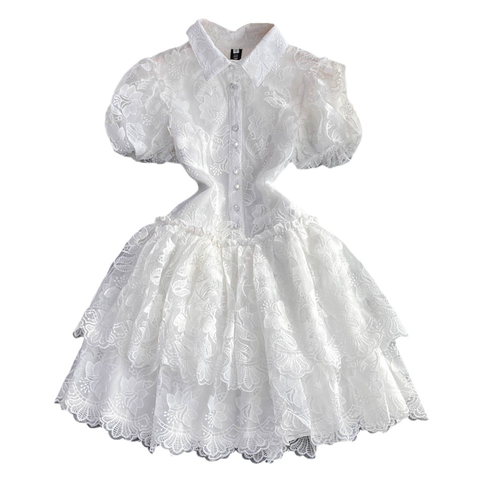 Cross-Border 2022 Summer Retro Elegant Super Fairy Lapel Single-Breasted White Embroidered Puff Sleeve A-Line Cake Dress