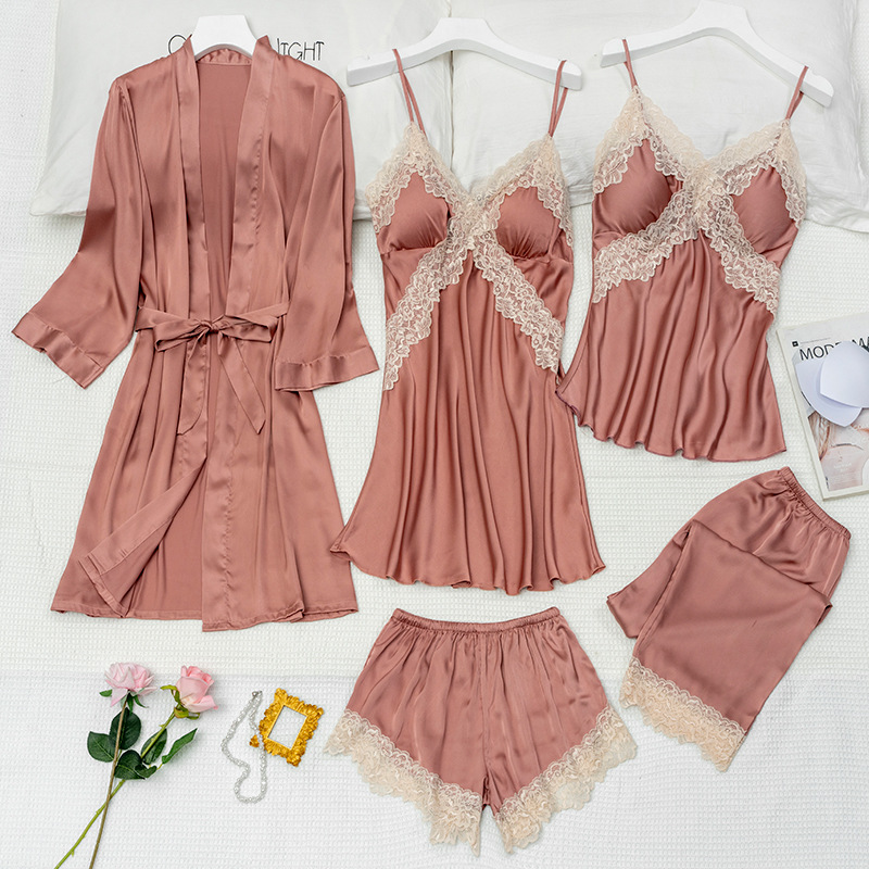 Picture of Spring and Summer Women's Pajamas, Ice Silk Thin Five-Piece Set, Sexy Camisole Nightdress, Large Size Loose Nightgown with Chest Pad, Loungewear