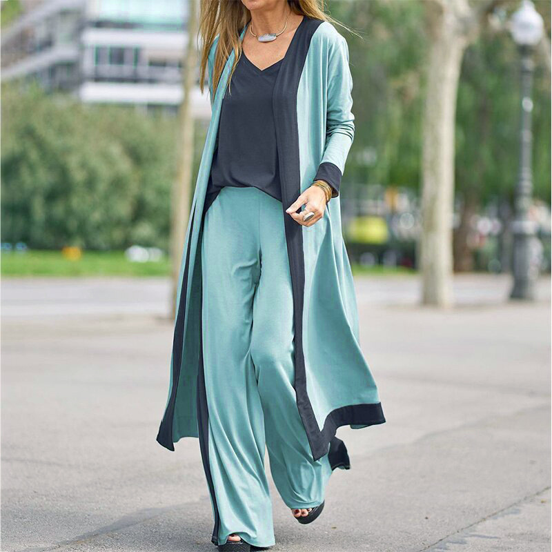 Picture of Casual Solid Color Stitching Contrast Color Sleeveless Vest Long Sleeve Cardigan Jacket Pants Three-Piece Set