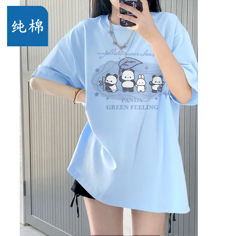 Dopamine Students Outer Wear Pure Cotton T-shirt Top Women's 2024 Summer New Loose Age-reducing Sky Blue Short-sleeved T-shirt