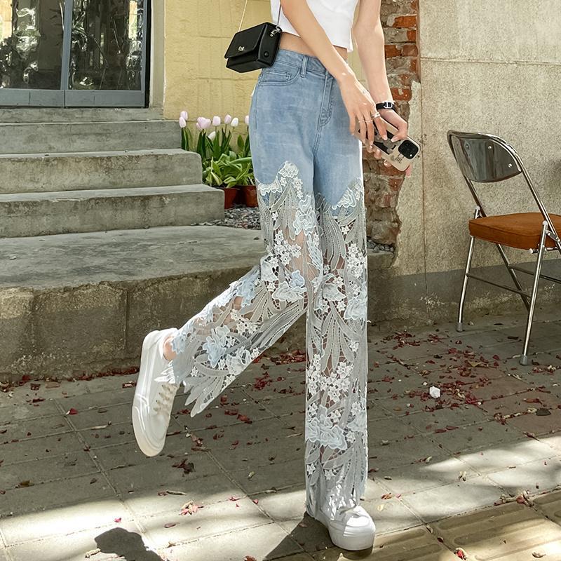 Designed Lace Splicing Niche Jeans for Women 2025 Summer New Straight Slim Retro Style Casual Pants