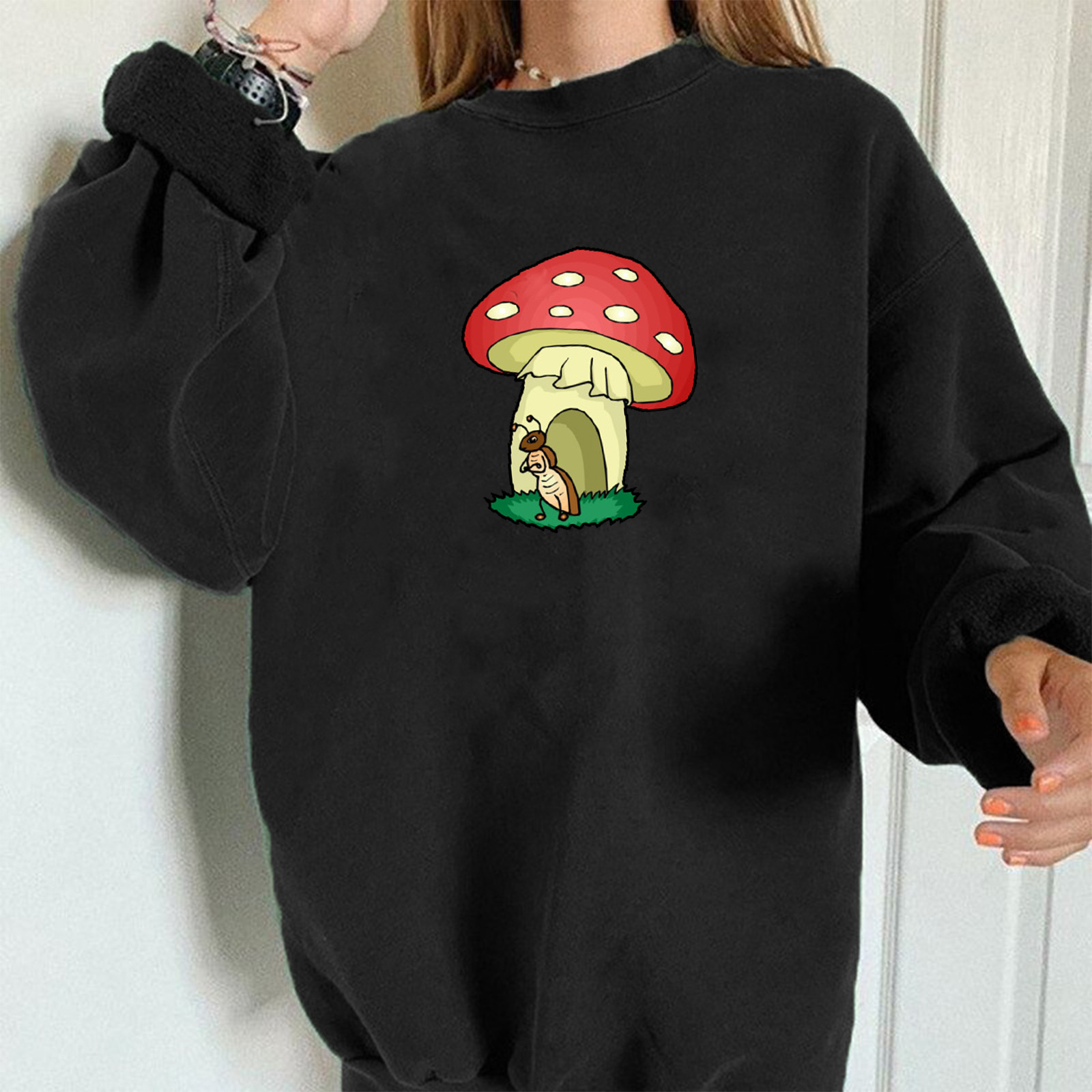 2021 Cross-border Autumn Shoulder Shoulder Shoulder Sleeve Small Mushroom Pattern Printed Round Neck Pullover Long Sleeve Sweater
