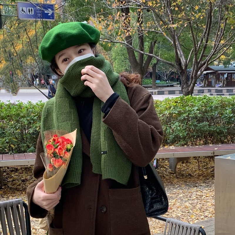 Picture of Recommended White Retro Green Scarf Women's Winter Soft Joker Solid Color Wool Korean Style Warm Scarf