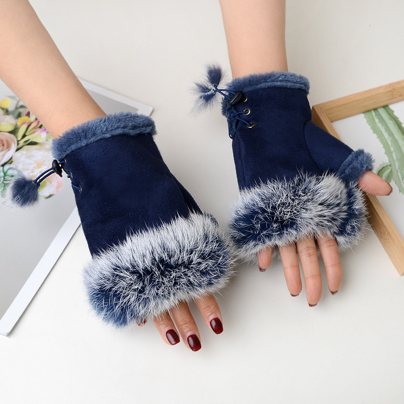 Picture of Factory sales suede rabbit fur half finger gloves women winter gloves warm gloves computer gloves wholesale