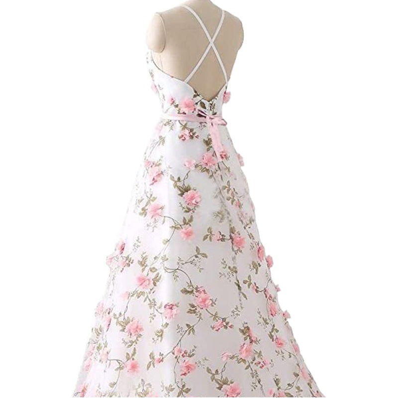 Foreign Trade Wedding Dress Small Trailing Waist Slimming Sling Flower Slim-fit Printed Long Dress Cross-border European and American Temperament Three-dimensional Flower