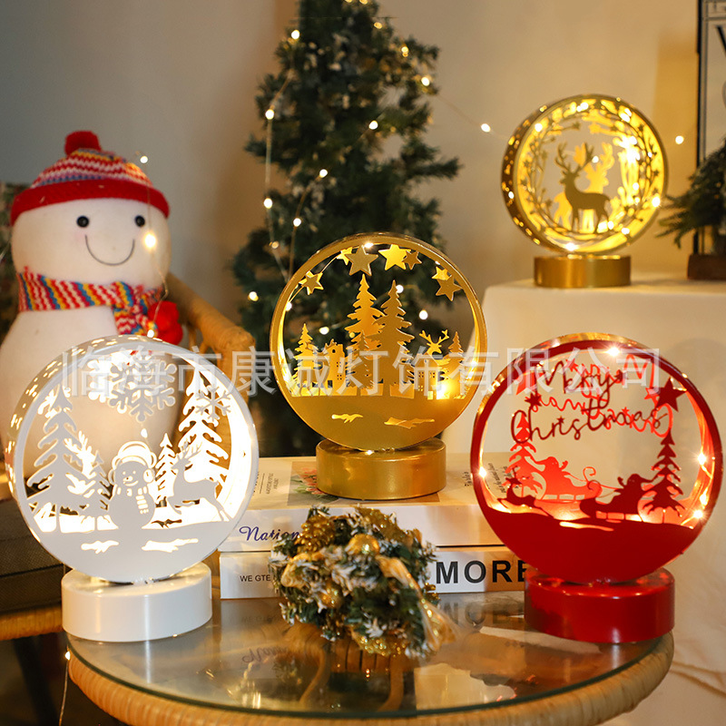 Cross-border new wrought iron LED Christmas night light hollow luminous Christmas desktop window decoration ornaments