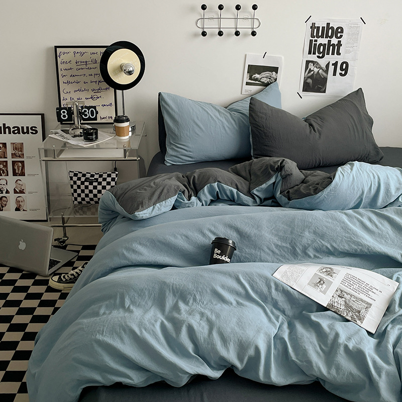 Picture of Four-piece bed set A can sleep naked wash cotton quilt cover solid color bed sheets student dormitory three-piece bed hat wholesale 4