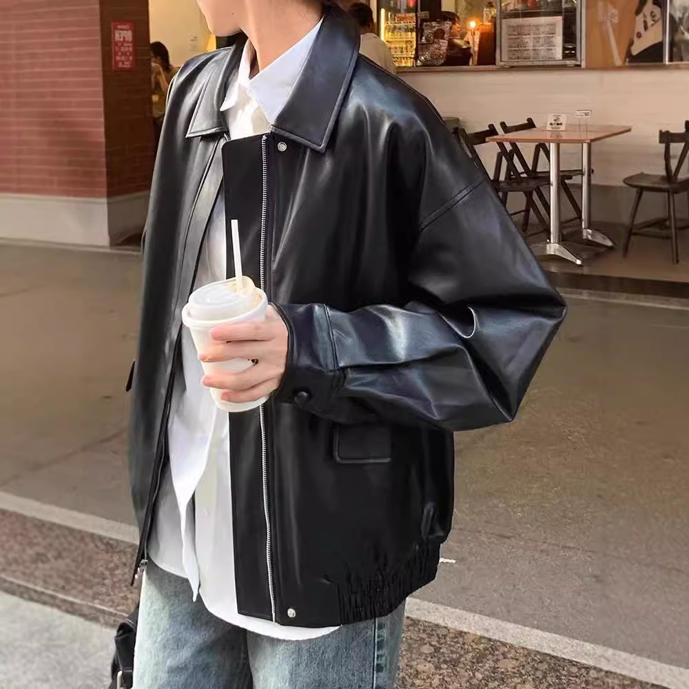 Picture of Brown Imitation Leather Jacket Women's Hong Kong-style 2024 New Autumn High-grade Loose American Vintage Motorcycle Jacket Top